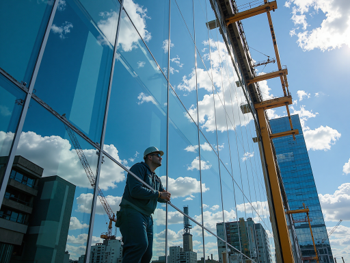 Professional glazing team working together on construction site, multiple workers in safety gear, modern building under construction