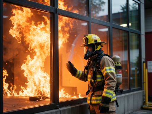 Emergency repair crew in safety gear working on damaged glass facade at night, bright work lights illuminating the scene, professional equipment visible
