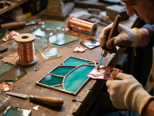 Close up view of professional glass installer working on window frame, clear glass panel being carefully positioned, workshop tools visible