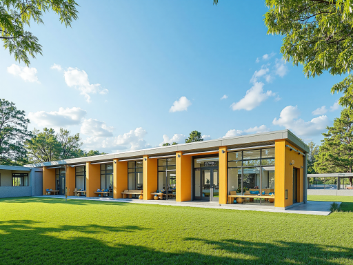 Educational institution with modernized glass windows and doors, school building exterior, academic environment