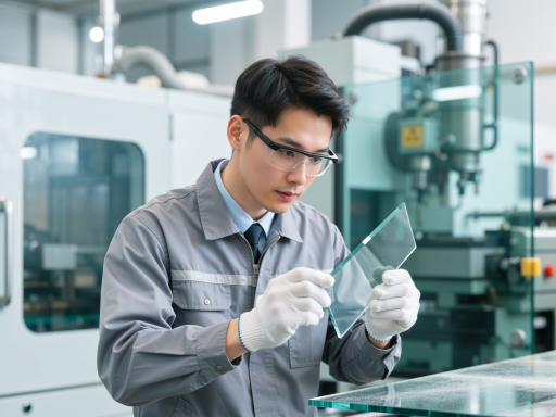 Certified inspector examining glass panels with specialized testing equipment, clipboard and documentation visible, professional safety vest worn
