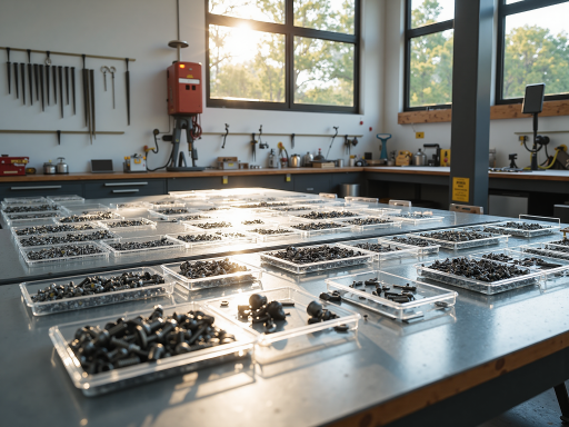 Modern glass installation equipment and tools arranged on professional workbench, various specialized tools visible, clean workshop environment